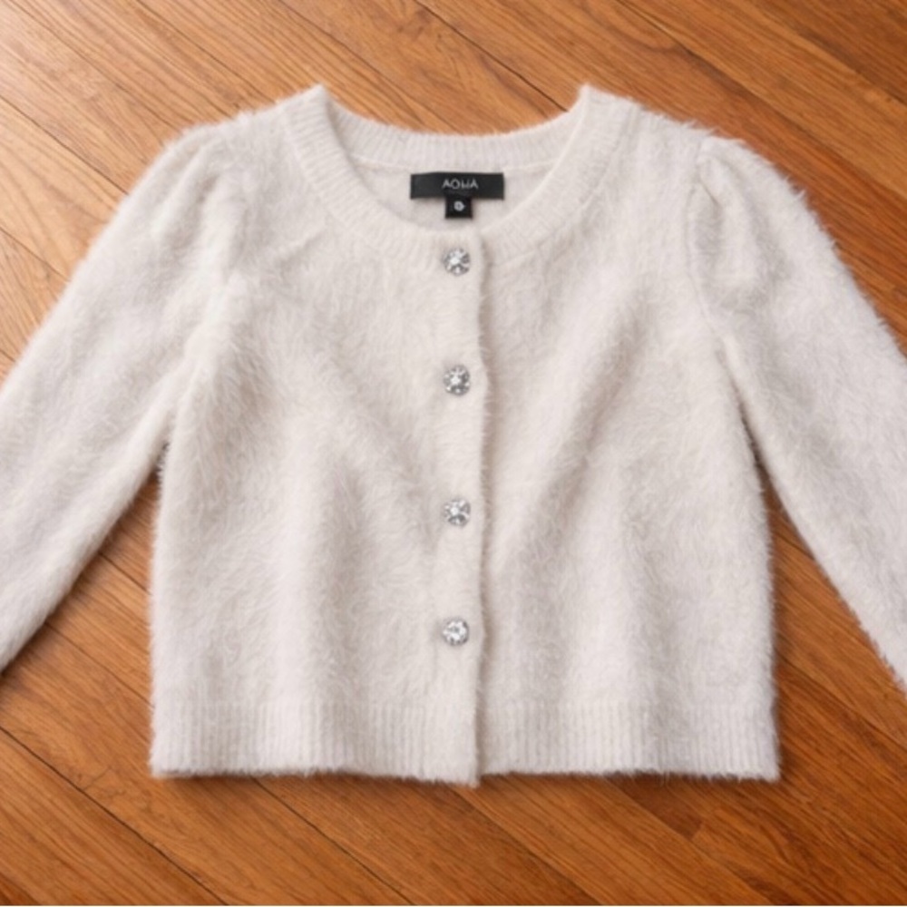 Girls Aqua Fuzzy Knit Cardigan – Off-White / Ivory - Picture 6 of 7